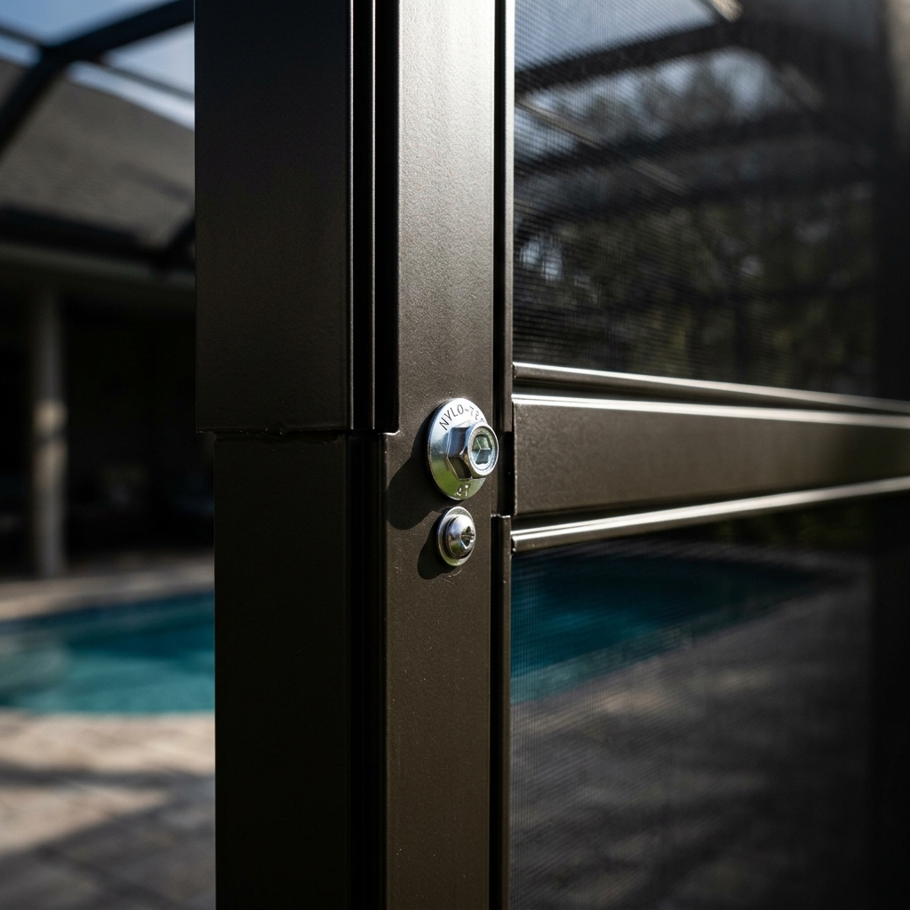 Same pool cage frame after Sherwin-Williams DTM coating — clean dark finish with no rust or oxidation