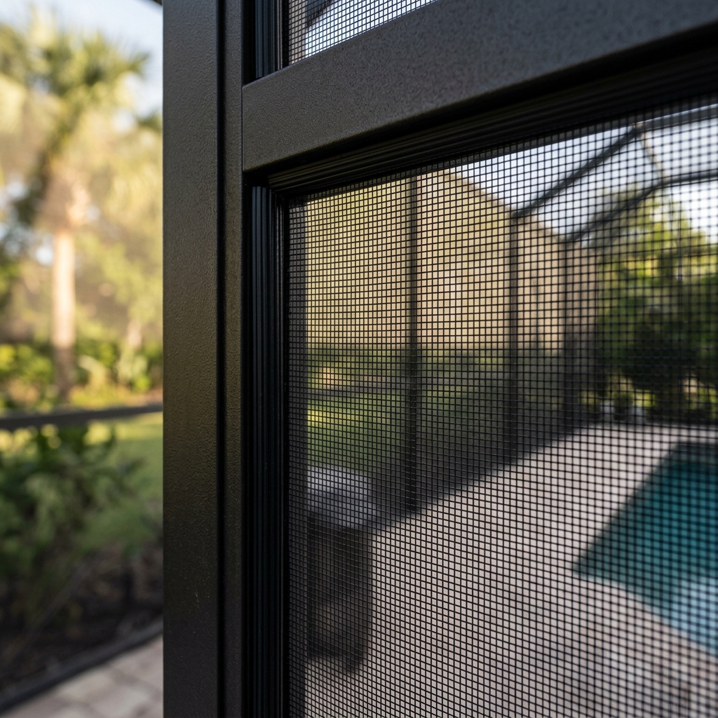 Tight new Phifer 20x20 no-see-um mesh installed under tension after professional rescreening