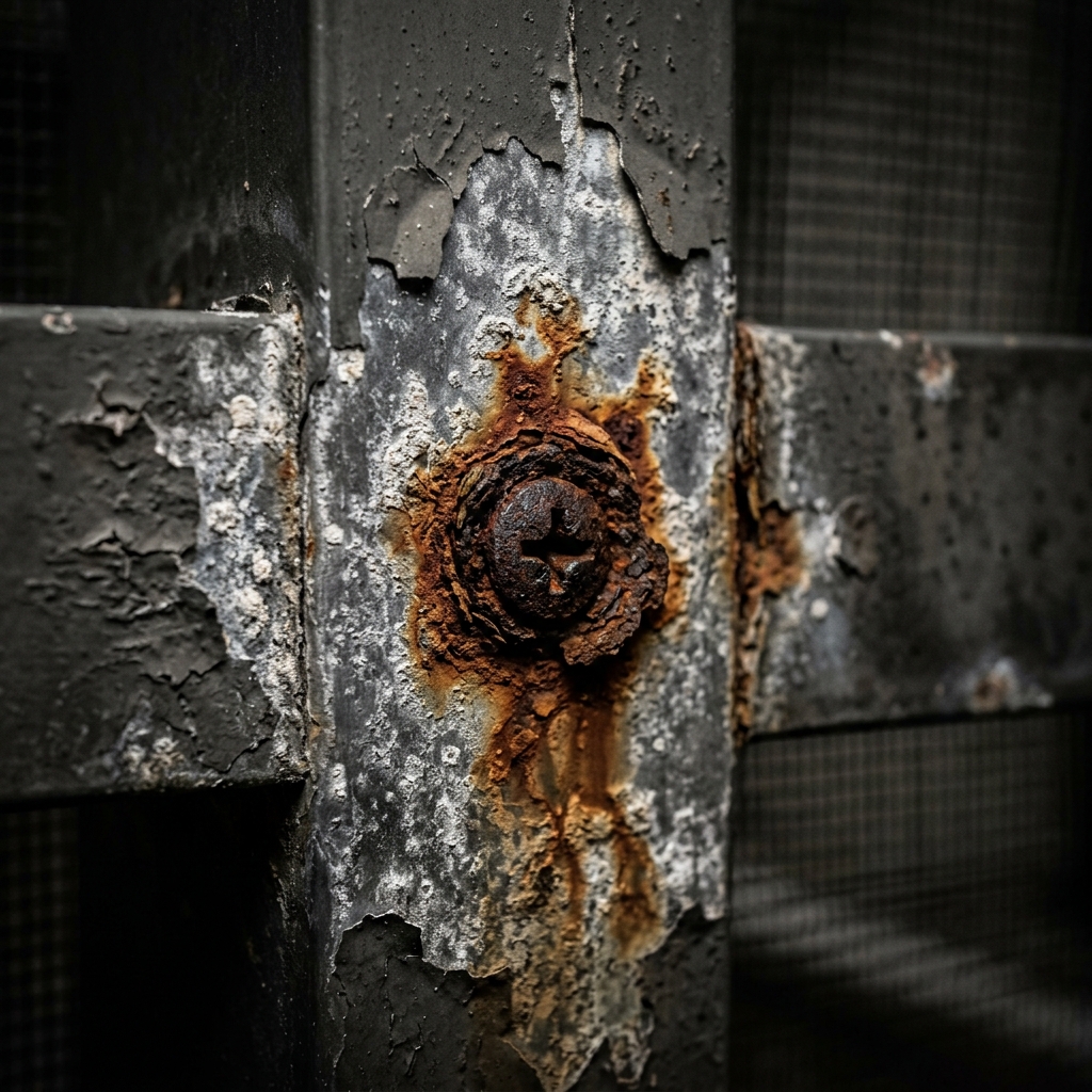 Severely oxidized aluminum pool cage frame with orange rust stains and corroded fasteners before restoration