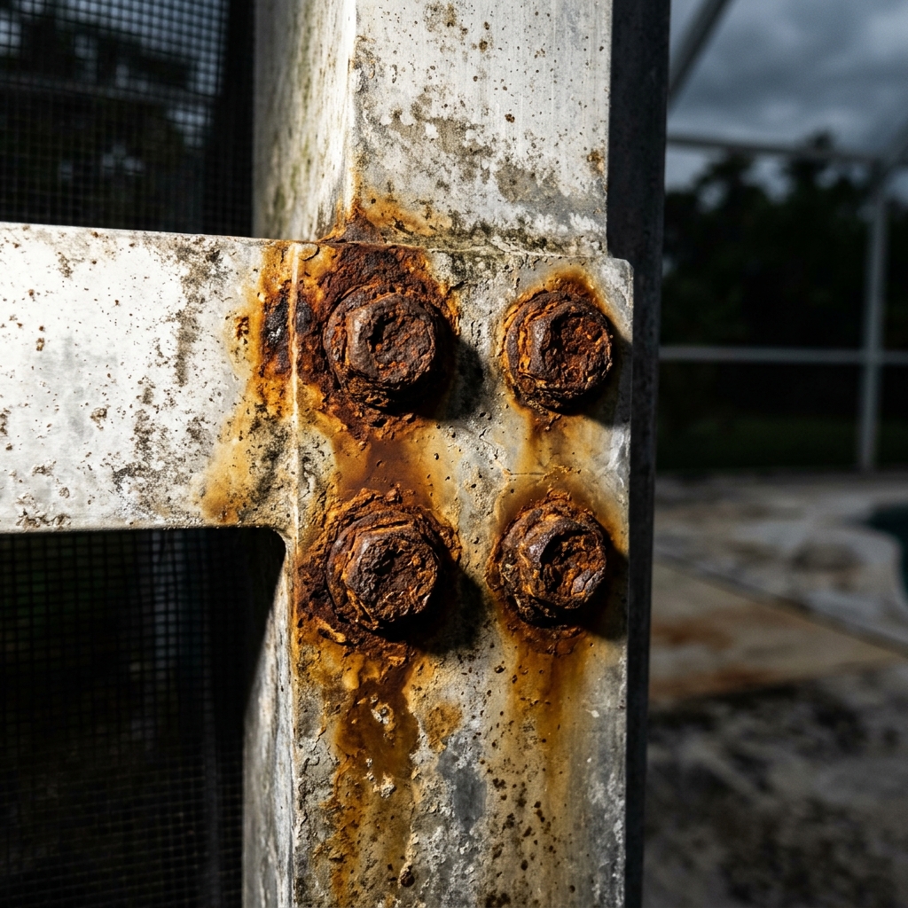 Severely corroded carbon steel screws in aluminum pool cage joint before replacement