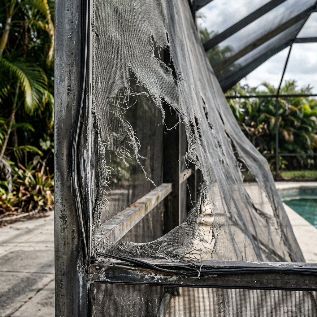 Sagging and torn fiberglass screen mesh in aluminum pool cage frame before rescreening