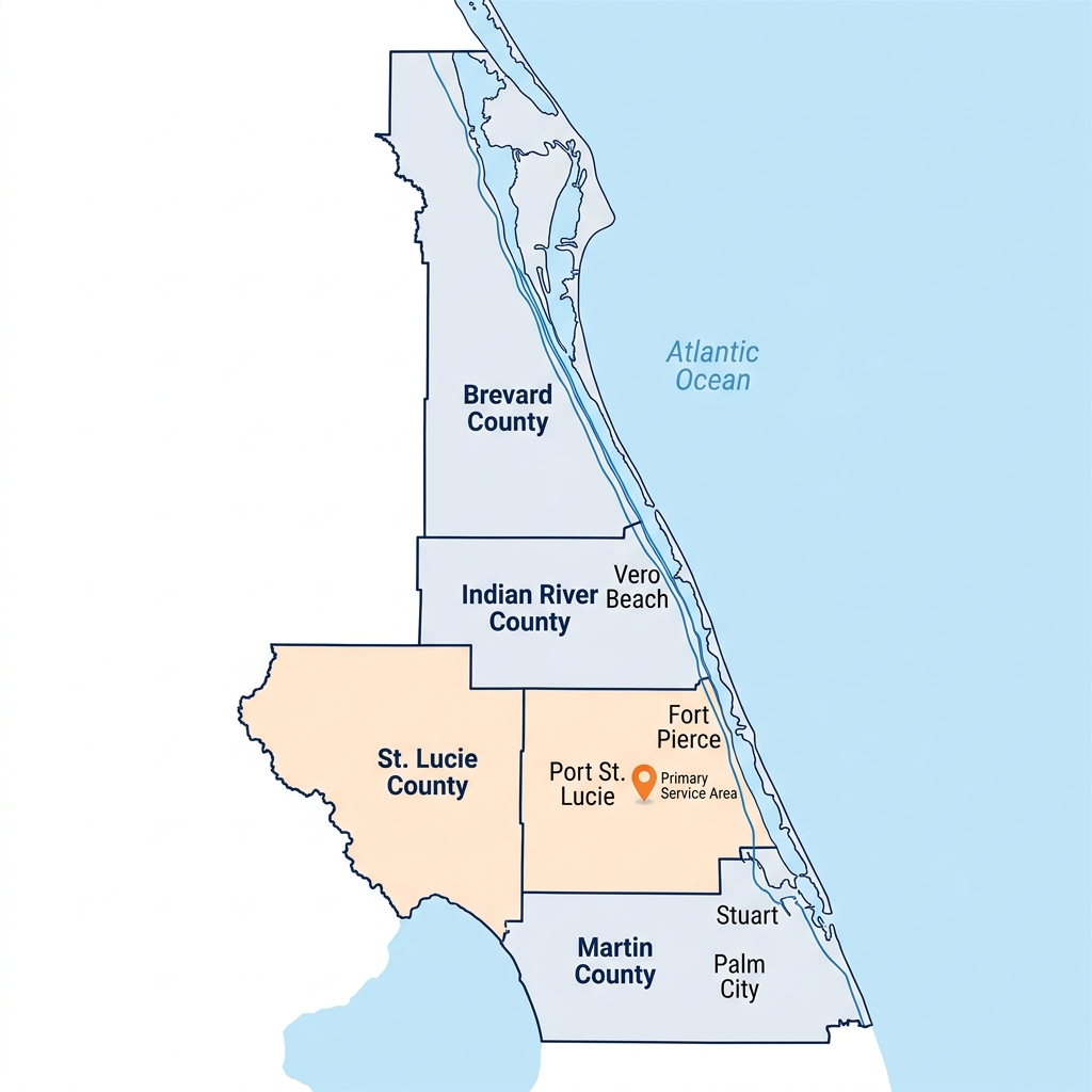 Service area map showing Brevard, Indian River, St. Lucie, and Martin counties on Florida's Treasure Coast